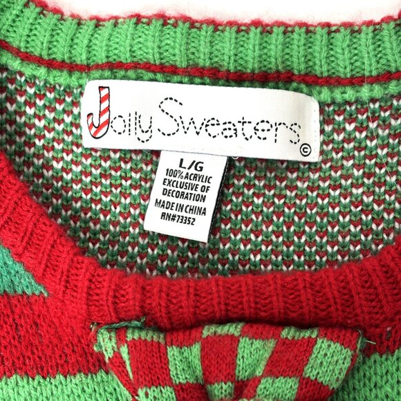 Jolly Ugly Christmas Sweater grn red white stripe faux suspenders EUC Size L - Picture 3 of 14
